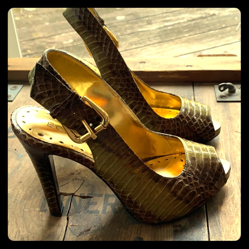BCBG embossed snake open toe sling back heel.